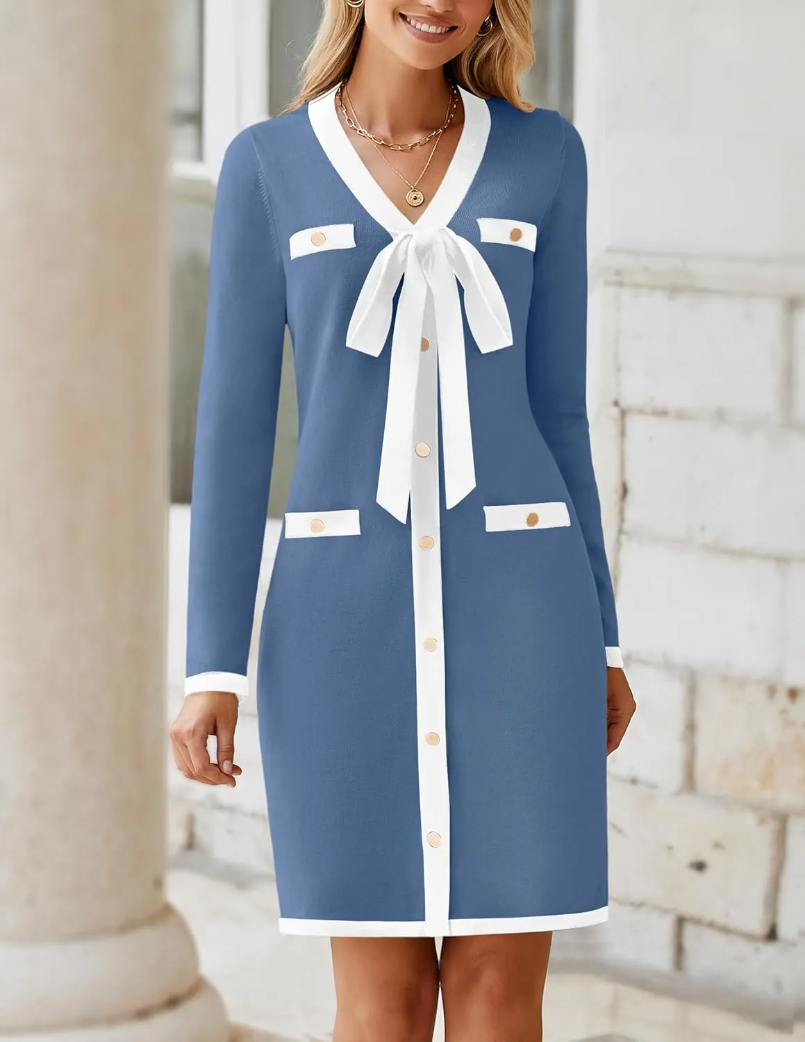 HAEOF Women's 2024 Long Sleeve Mini Sweater Dress Fall Winter Trendy V Neck Elegant Bodycon Formal Party Dresses