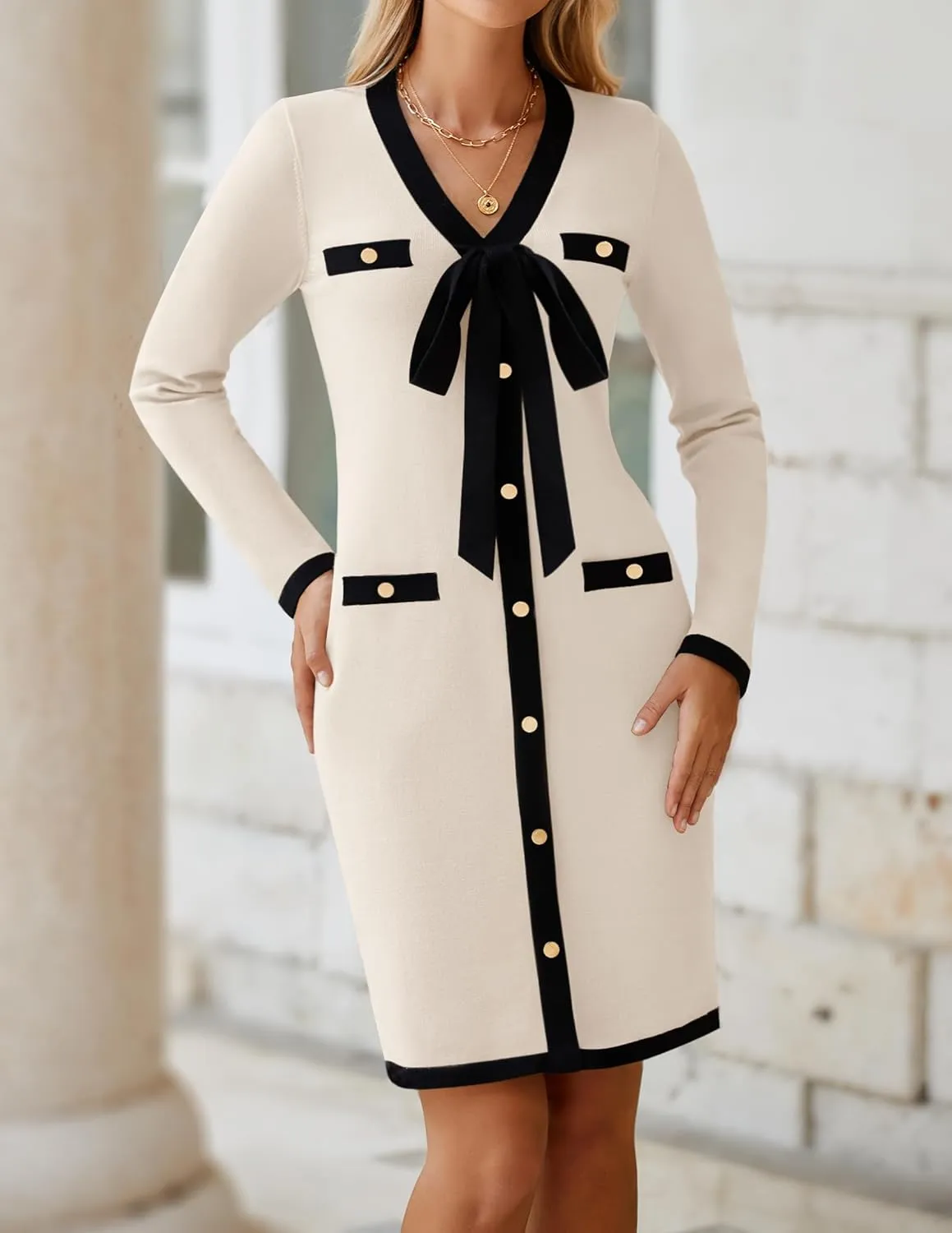 HAEOF Women's 2024 Long Sleeve Mini Sweater Dress Fall Winter Trendy V Neck Elegant Bodycon Formal Party Dresses
