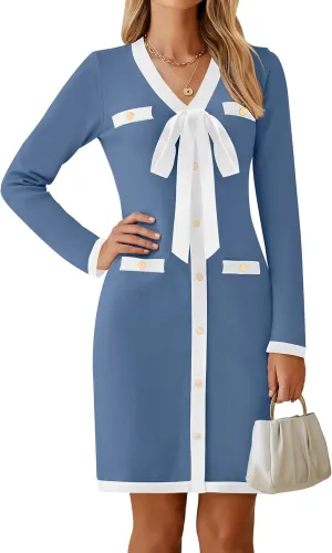 HAEOF Women's 2024 Long Sleeve Mini Sweater Dress Fall Winter Trendy V Neck Elegant Bodycon Formal Party Dresses