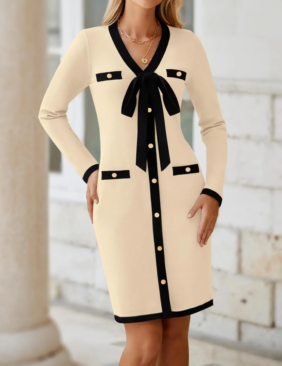 HAEOF Women's 2024 Long Sleeve Mini Sweater Dress Fall Winter Trendy V Neck Elegant Bodycon Formal Party Dresses