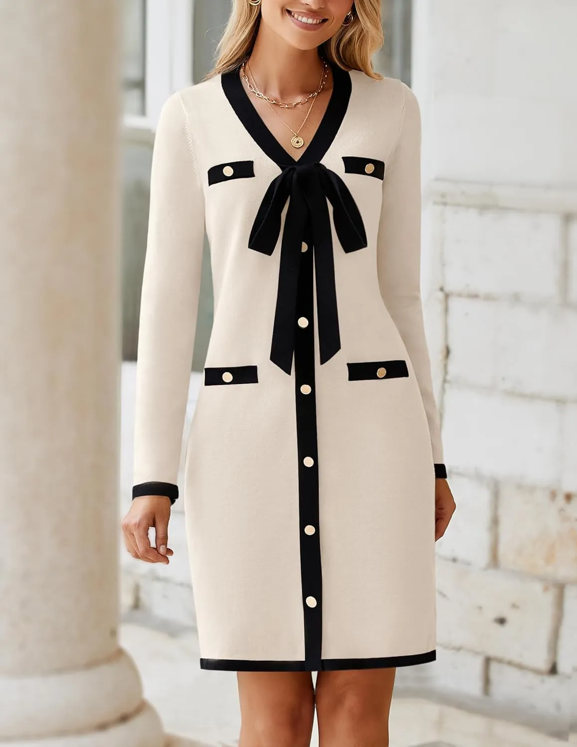 HAEOF Women's 2024 Long Sleeve Mini Sweater Dress Fall Winter Trendy V Neck Elegant Bodycon Formal Party Dresses