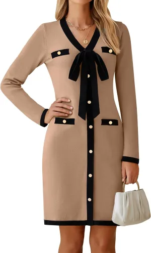 HAEOF Women's 2024 Long Sleeve Mini Sweater Dress Fall Winter Trendy V Neck Elegant Bodycon Formal Party Dresses
