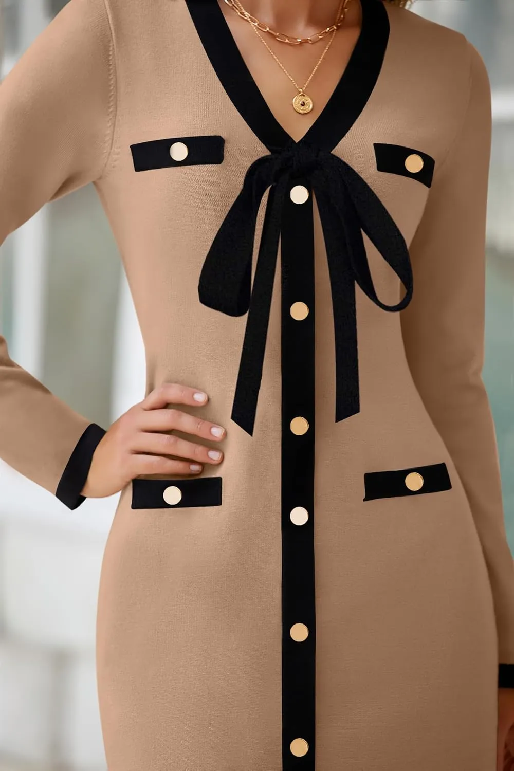 HAEOF Women's 2024 Long Sleeve Mini Sweater Dress Fall Winter Trendy V Neck Elegant Bodycon Formal Party Dresses