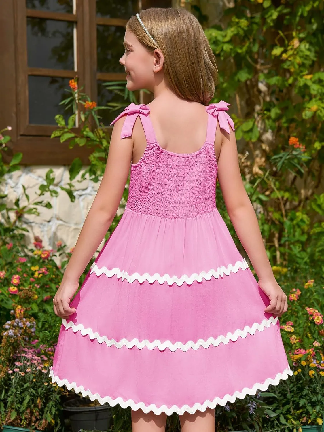 Haloumoning Girl's Sundresses Kids Summer Sleeveless Bowknot Strap RIC Rac Smocked Summer Dresses 5-14 Years
