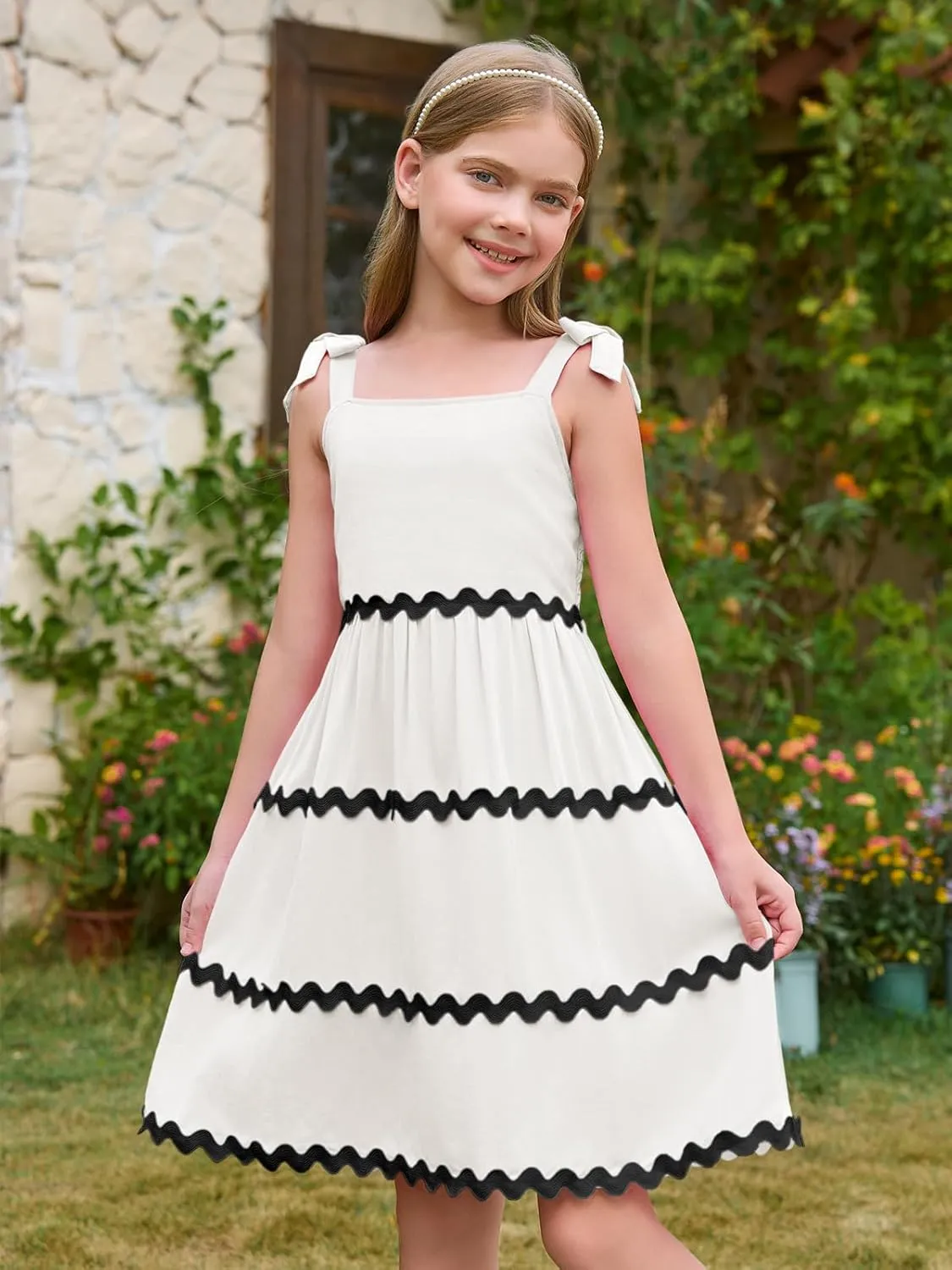Haloumoning Girl's Sundresses Kids Summer Sleeveless Bowknot Strap RIC Rac Smocked Summer Dresses 5-14 Years