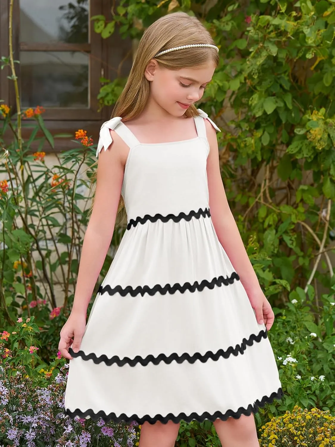 Haloumoning Girl's Sundresses Kids Summer Sleeveless Bowknot Strap RIC Rac Smocked Summer Dresses 5-14 Years