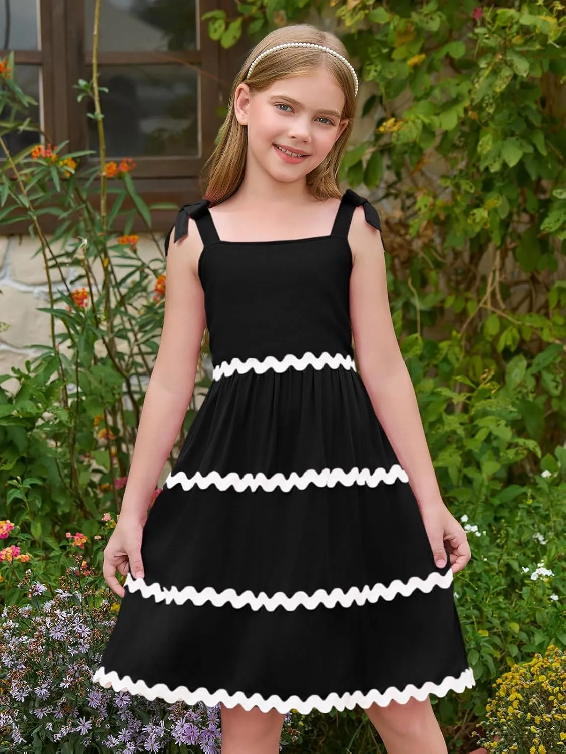 Haloumoning Girl's Sundresses Kids Summer Sleeveless Bowknot Strap RIC Rac Smocked Summer Dresses 5-14 Years
