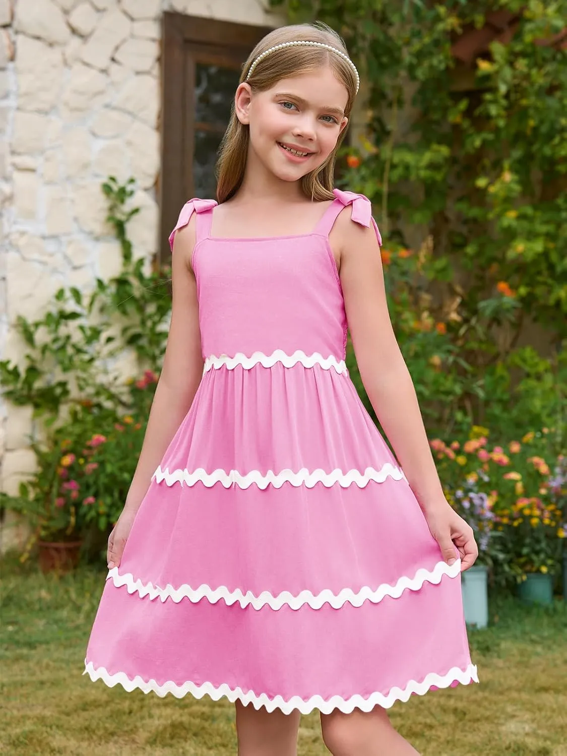 Haloumoning Girl's Sundresses Kids Summer Sleeveless Bowknot Strap RIC Rac Smocked Summer Dresses 5-14 Years