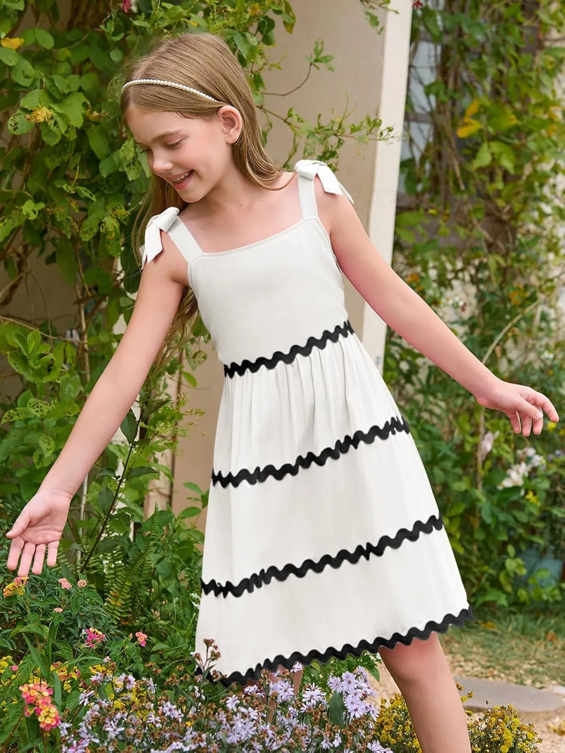 Haloumoning Girl's Sundresses Kids Summer Sleeveless Bowknot Strap RIC Rac Smocked Summer Dresses 5-14 Years
