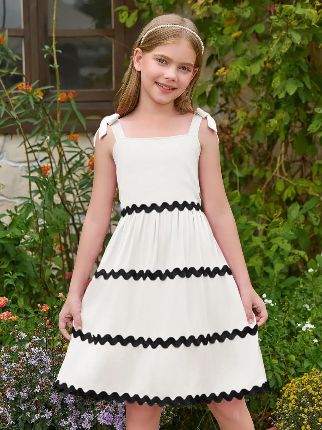 Haloumoning Girl's Sundresses Kids Summer Sleeveless Bowknot Strap RIC Rac Smocked Summer Dresses 5-14 Years