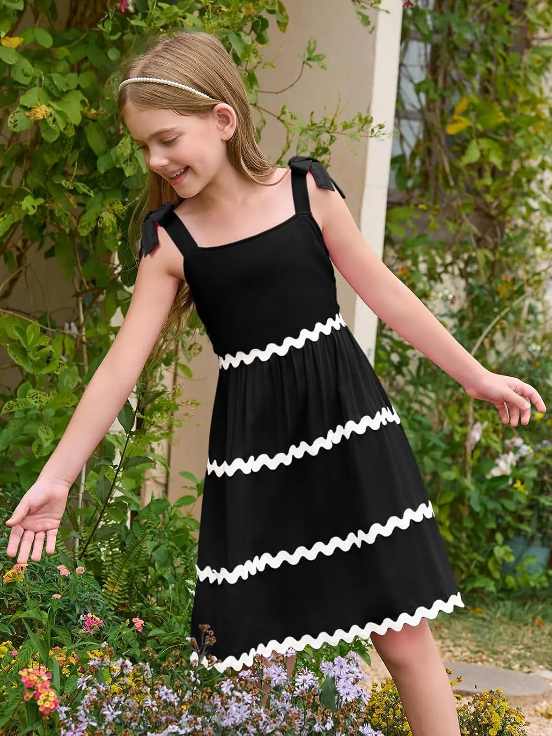 Haloumoning Girl's Sundresses Kids Summer Sleeveless Bowknot Strap RIC Rac Smocked Summer Dresses 5-14 Years