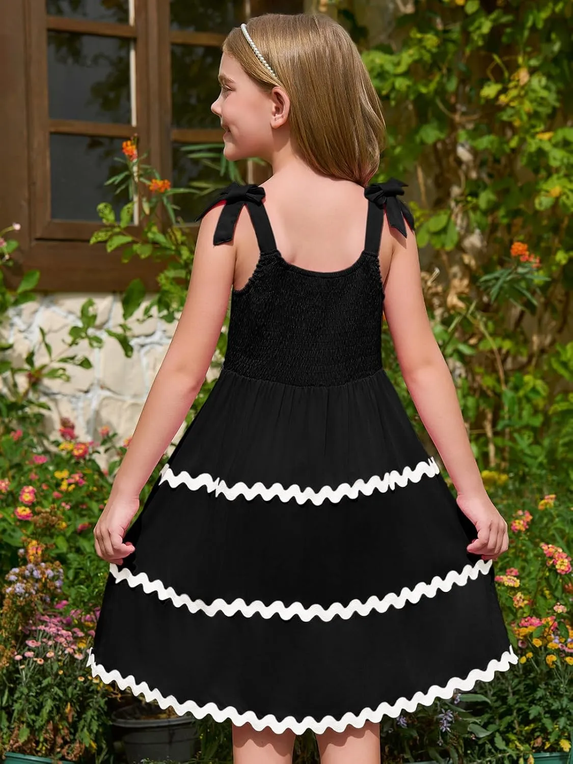 Haloumoning Girl's Sundresses Kids Summer Sleeveless Bowknot Strap RIC Rac Smocked Summer Dresses 5-14 Years