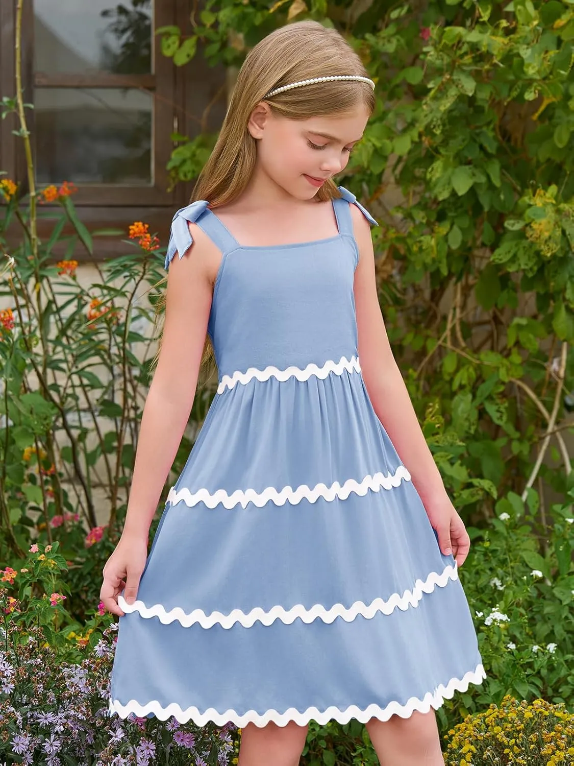 Haloumoning Girl's Sundresses Kids Summer Sleeveless Bowknot Strap RIC Rac Smocked Summer Dresses 5-14 Years