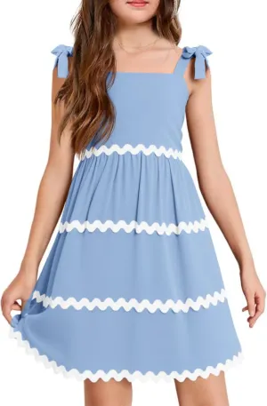 Haloumoning Girl's Sundresses Kids Summer Sleeveless Bowknot Strap RIC Rac Smocked Summer Dresses 5-14 Years
