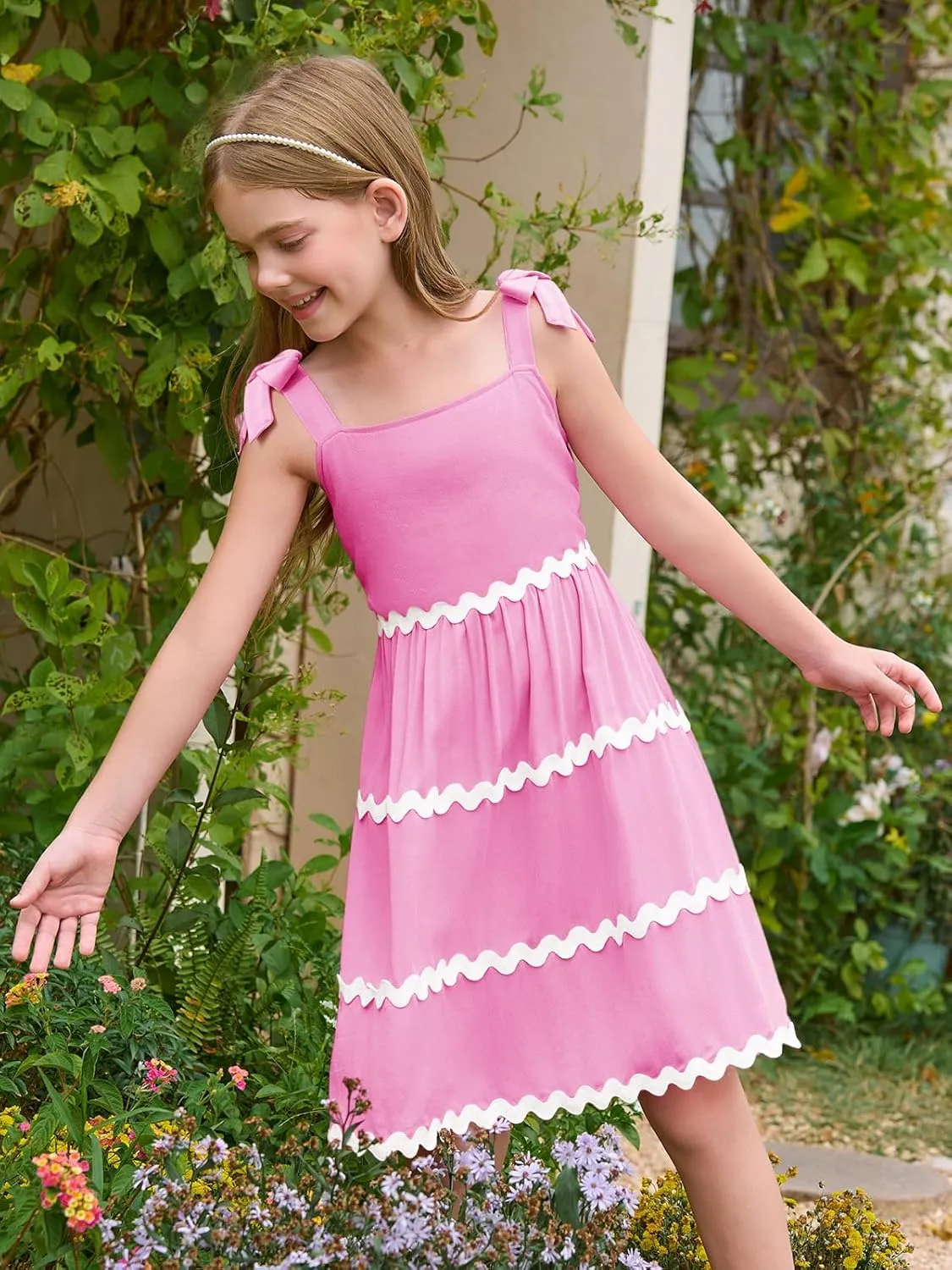 Haloumoning Girl's Sundresses Kids Summer Sleeveless Bowknot Strap RIC Rac Smocked Summer Dresses 5-14 Years