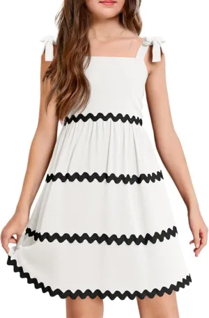 Haloumoning Girl's Sundresses Kids Summer Sleeveless Bowknot Strap RIC Rac Smocked Summer Dresses 5-14 Years