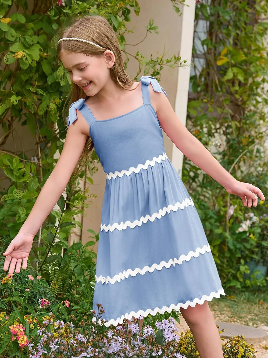 Haloumoning Girl's Sundresses Kids Summer Sleeveless Bowknot Strap RIC Rac Smocked Summer Dresses 5-14 Years