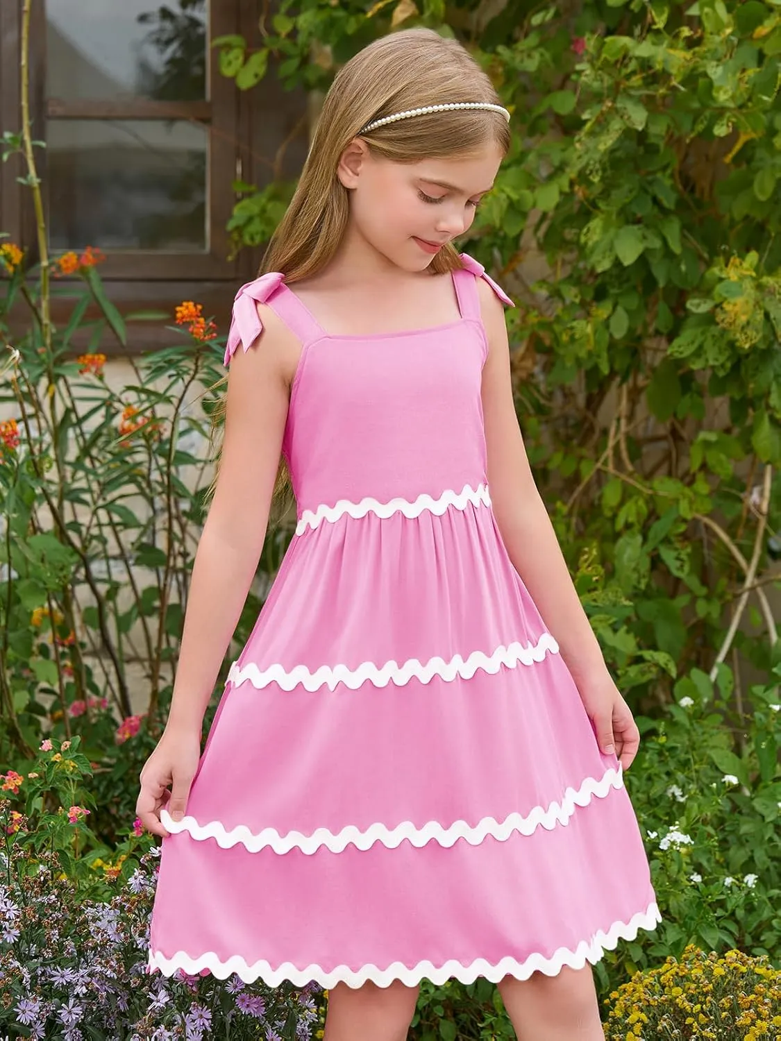 Haloumoning Girl's Sundresses Kids Summer Sleeveless Bowknot Strap RIC Rac Smocked Summer Dresses 5-14 Years