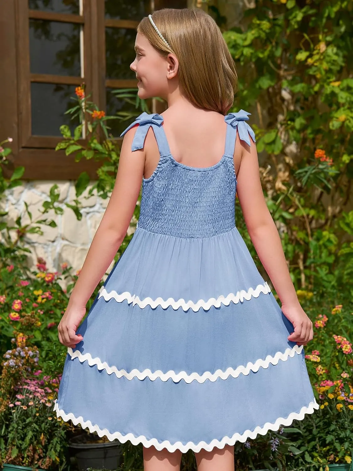 Haloumoning Girl's Sundresses Kids Summer Sleeveless Bowknot Strap RIC Rac Smocked Summer Dresses 5-14 Years