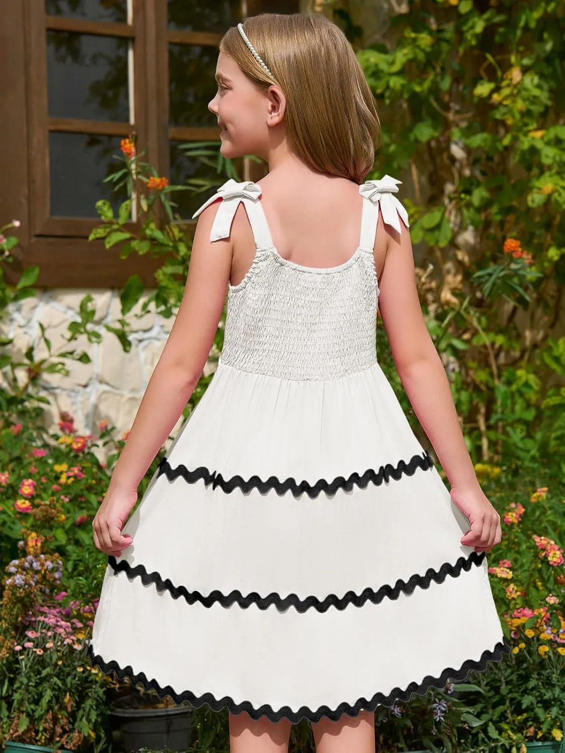 Haloumoning Girl's Sundresses Kids Summer Sleeveless Bowknot Strap RIC Rac Smocked Summer Dresses 5-14 Years