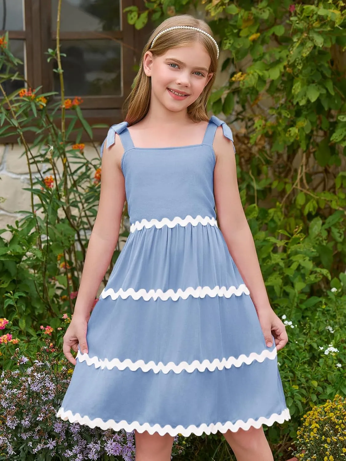 Haloumoning Girl's Sundresses Kids Summer Sleeveless Bowknot Strap RIC Rac Smocked Summer Dresses 5-14 Years