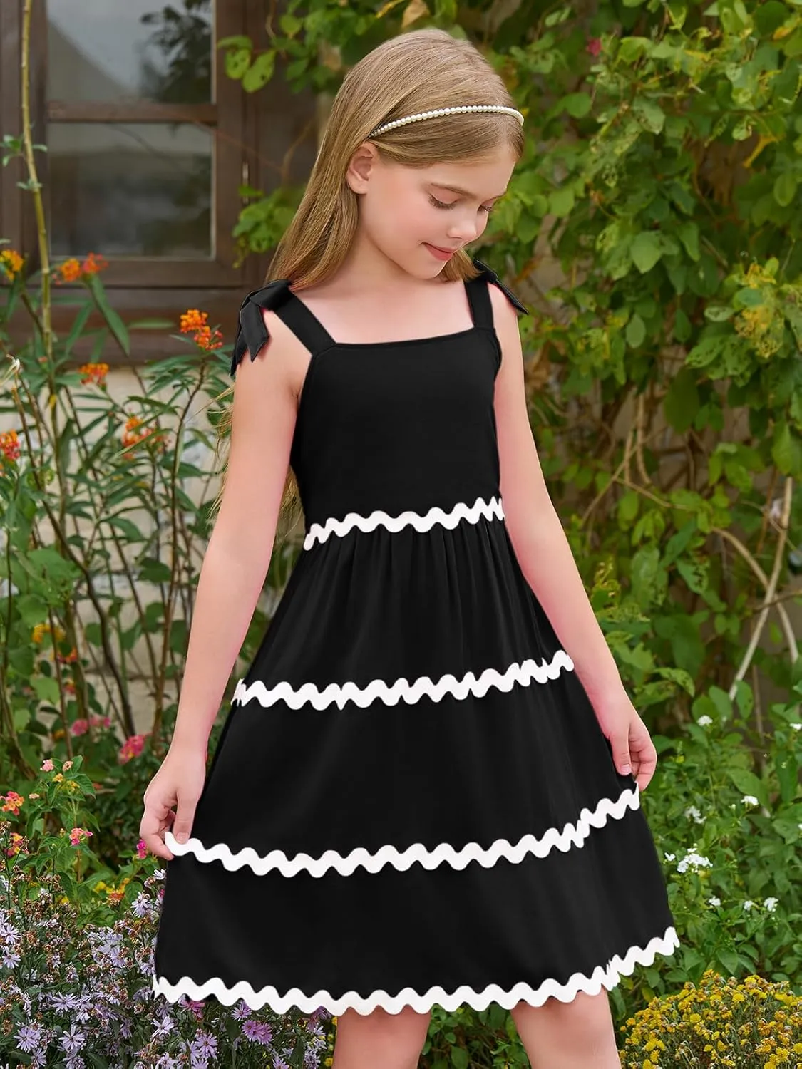Haloumoning Girl's Sundresses Kids Summer Sleeveless Bowknot Strap RIC Rac Smocked Summer Dresses 5-14 Years
