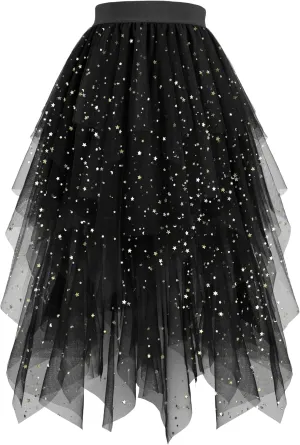 Hanpceirs Women's Tulle Skirts High Low Layered A-line Midi Skirt Irregular Tutu for Women