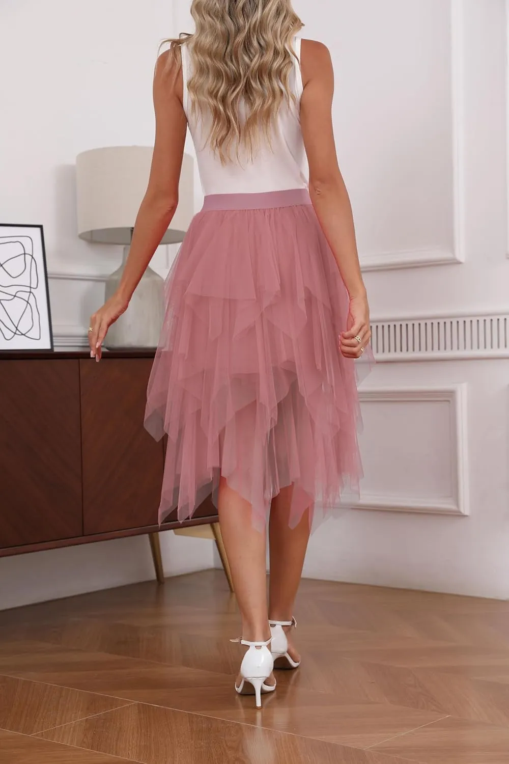 Hanpceirs Women's Tulle Skirts High Low Layered A-line Midi Skirt Irregular Tutu for Women