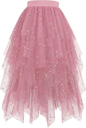 Hanpceirs Women's Tulle Skirts High Low Layered A-line Midi Skirt Irregular Tutu for Women
