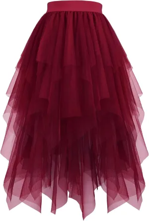 Hanpceirs Women's Tulle Skirts High Low Layered A-line Midi Skirt Irregular Tutu for Women