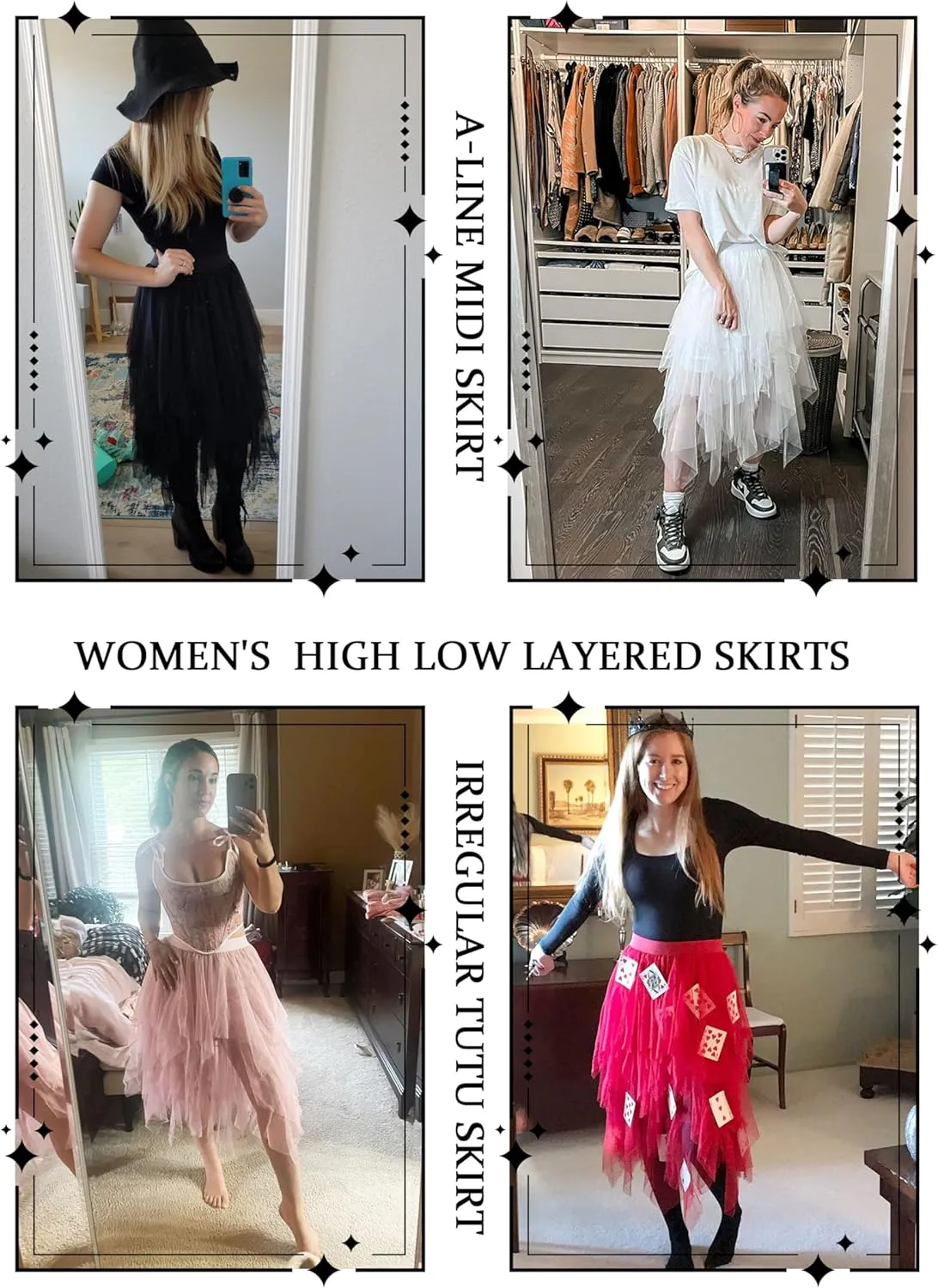 Hanpceirs Women's Tulle Skirts High Low Layered A-line Midi Skirt Irregular Tutu for Women