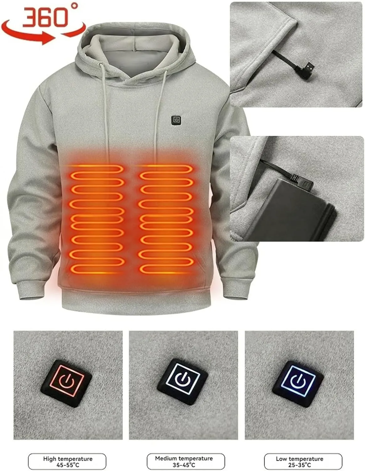 Heated Hoodie for Men and Women - USB Electric Warming Pullover Sweatshirt Coat
