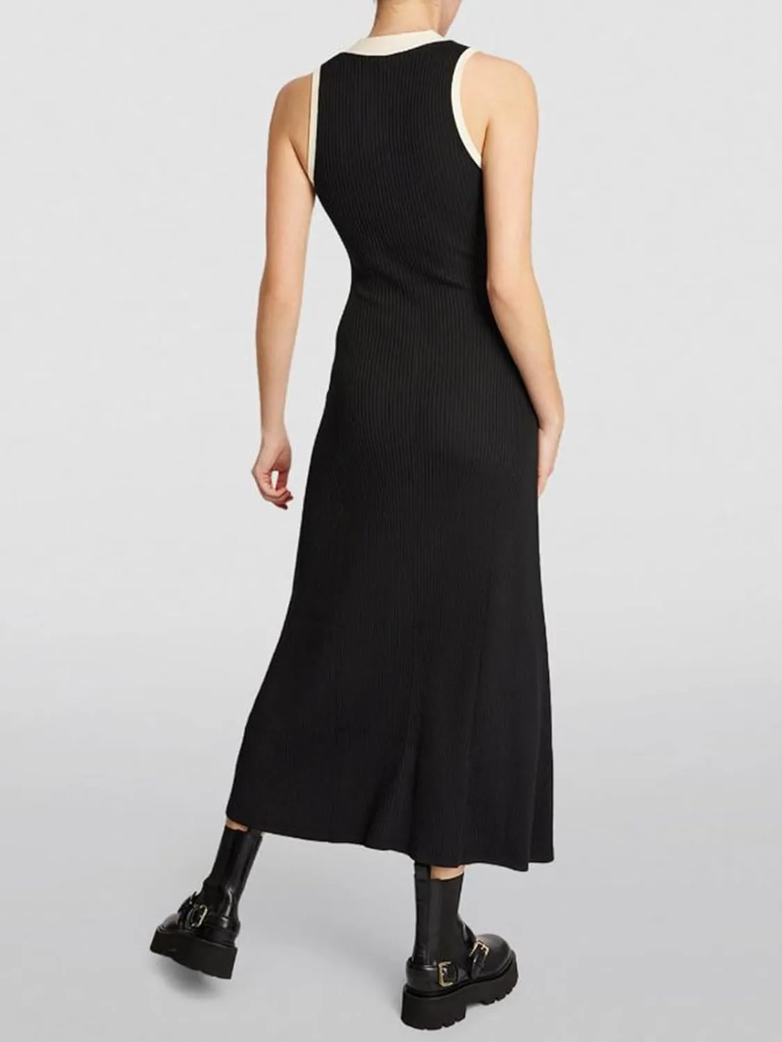 HOULENGS Women's Summer Button Sleeveless Slim Fit Sweater Dress Casual V Neck Ribbed Knit Color Block Long Tank Dress
