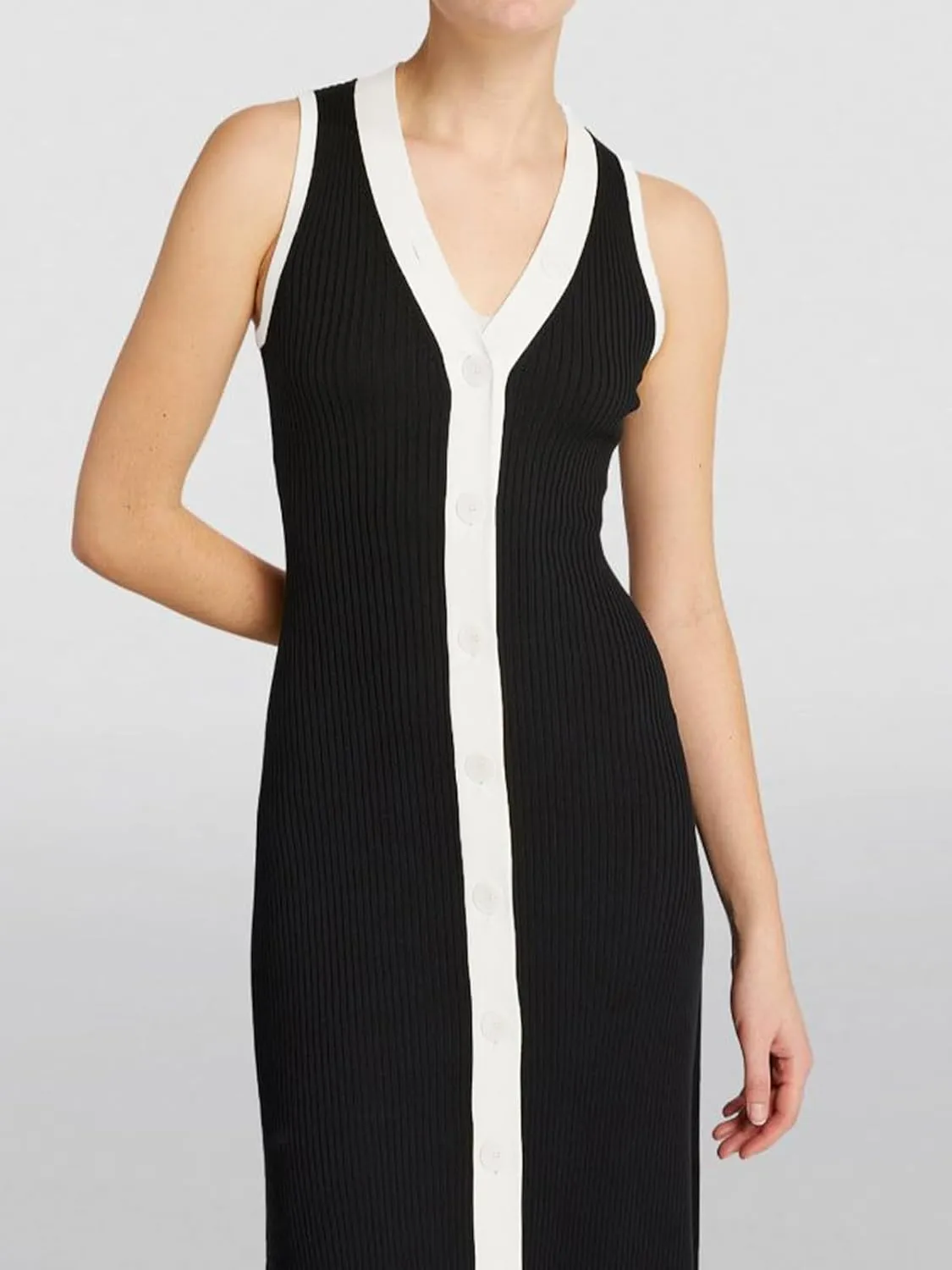 HOULENGS Women's Summer Button Sleeveless Slim Fit Sweater Dress Casual V Neck Ribbed Knit Color Block Long Tank Dress