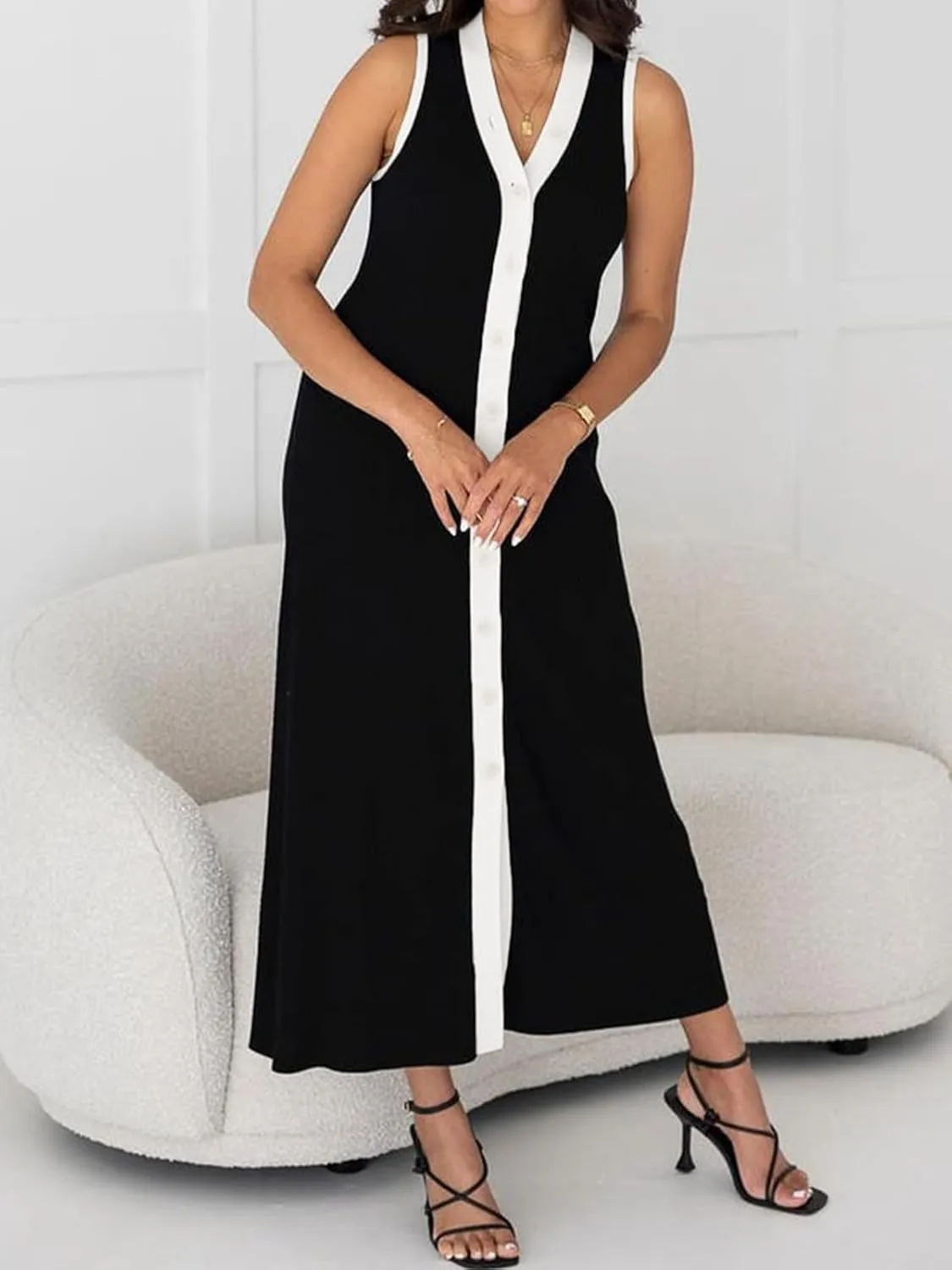 HOULENGS Women's Summer Button Sleeveless Slim Fit Sweater Dress Casual V Neck Ribbed Knit Color Block Long Tank Dress