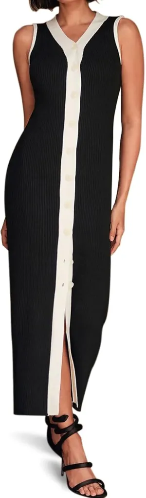 HOULENGS Women's Summer Button Sleeveless Slim Fit Sweater Dress Casual V Neck Ribbed Knit Color Block Long Tank Dress