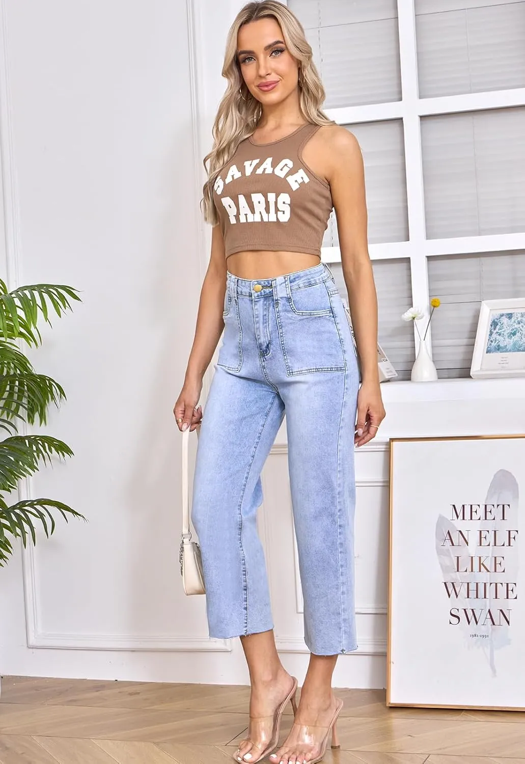 HUNGSON Women's Wide Leg Jeans High Waisted Stretchy Capri Pants Loose Denim Pants