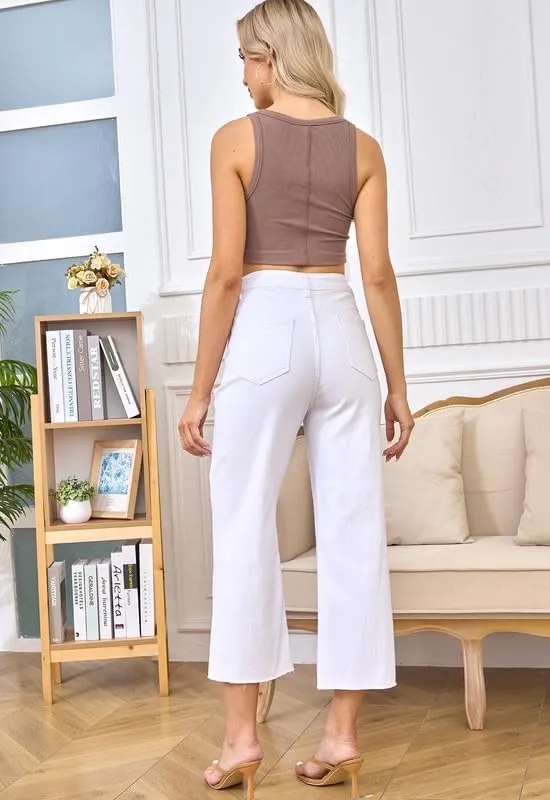 HUNGSON Women's Wide Leg Jeans High Waisted Stretchy Capri Pants Loose Denim Pants