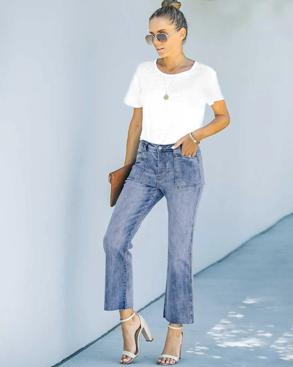 HUNGSON Women's Wide Leg Jeans High Waisted Stretchy Capri Pants Loose Denim Pants