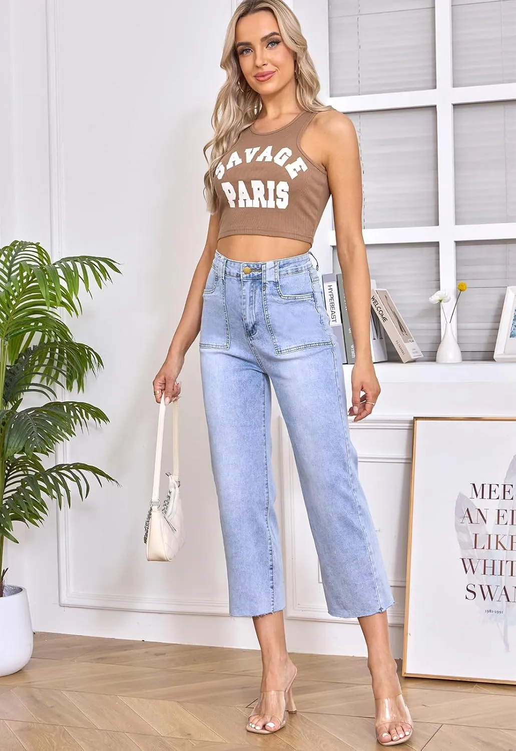 HUNGSON Women's Wide Leg Jeans High Waisted Stretchy Capri Pants Loose Denim Pants