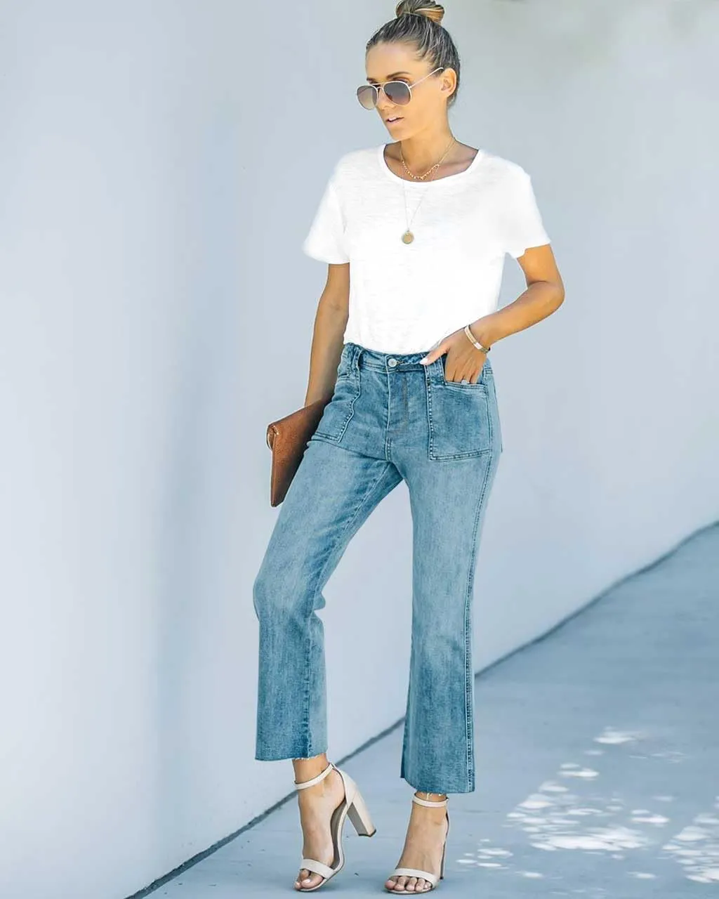 HUNGSON Women's Wide Leg Jeans High Waisted Stretchy Capri Pants Loose Denim Pants