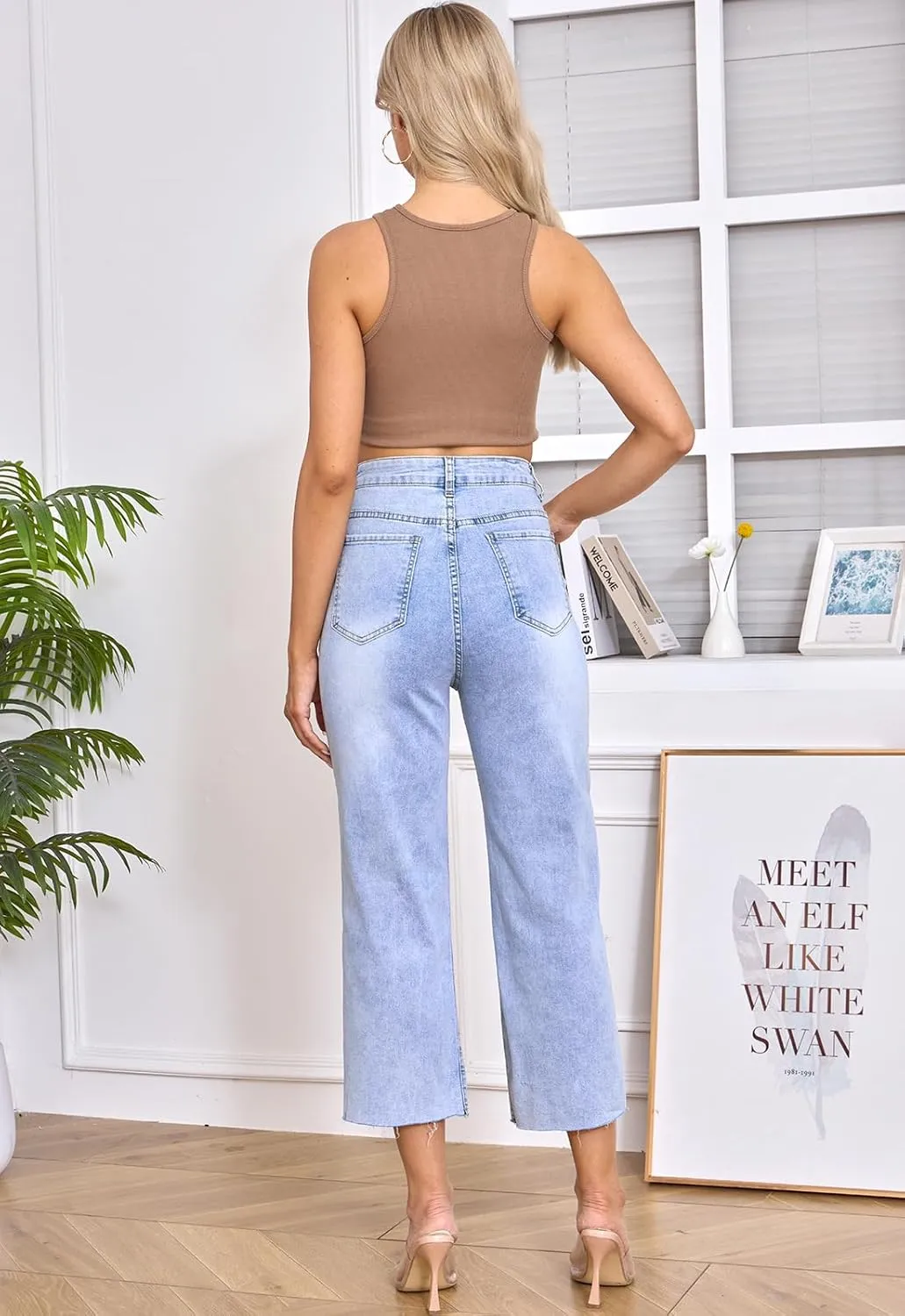 HUNGSON Women's Wide Leg Jeans High Waisted Stretchy Capri Pants Loose Denim Pants