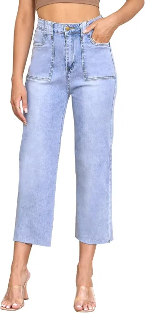 HUNGSON Women's Wide Leg Jeans High Waisted Stretchy Capri Pants Loose Denim Pants