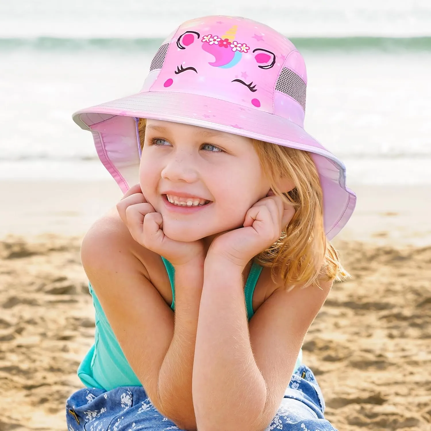 Kids Sun Hat UV Protection Unicorn Summer Beach Play Hats Wide Brim Neck Flap for Girls Boys