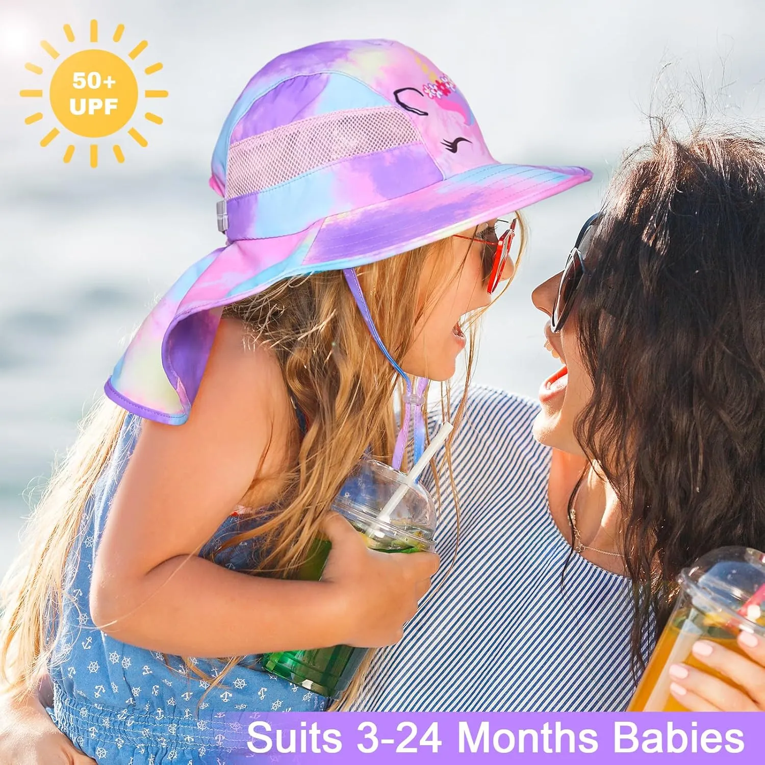 Kids Sun Hat UV Protection Unicorn Summer Beach Play Hats Wide Brim Neck Flap for Girls Boys