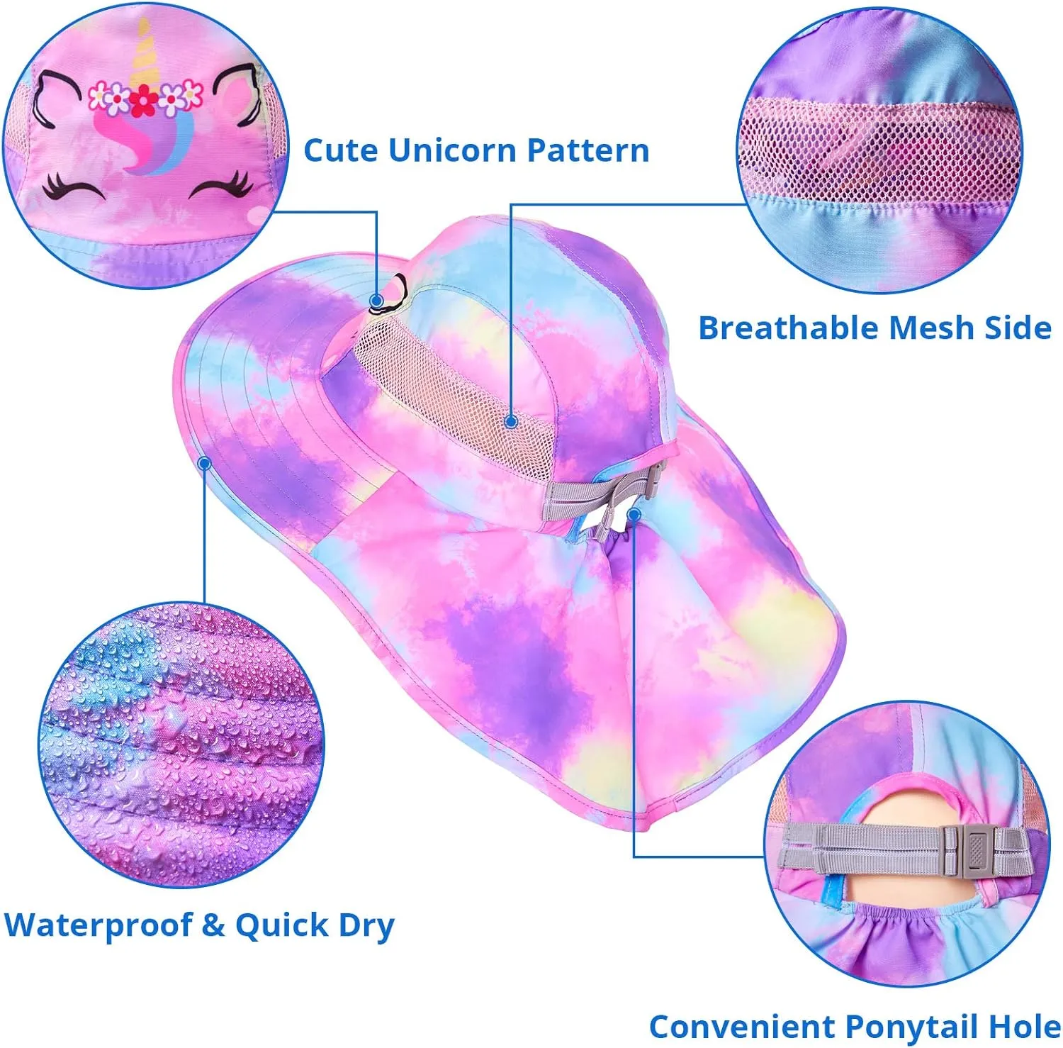 Kids Sun Hat UV Protection Unicorn Summer Beach Play Hats Wide Brim Neck Flap for Girls Boys