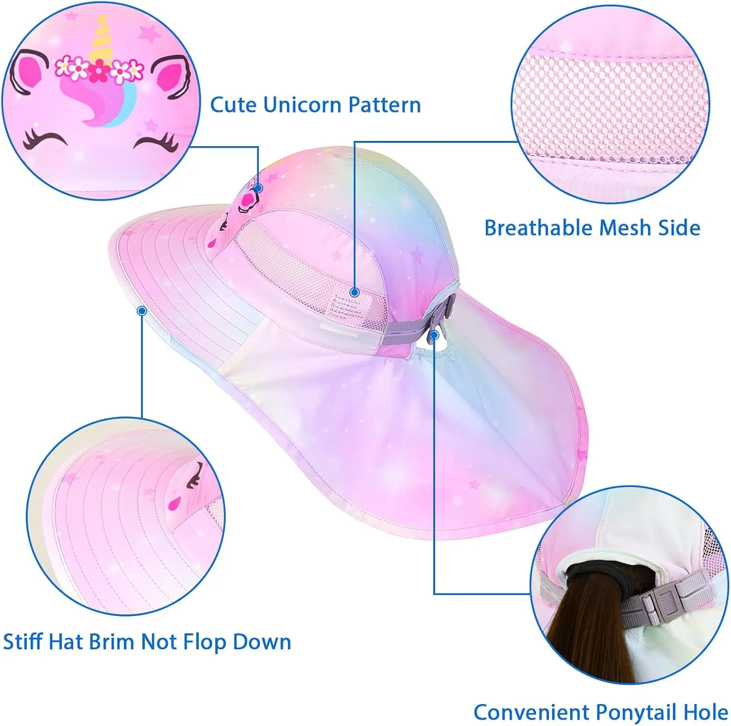 Kids Sun Hat UV Protection Unicorn Summer Beach Play Hats Wide Brim Neck Flap for Girls Boys