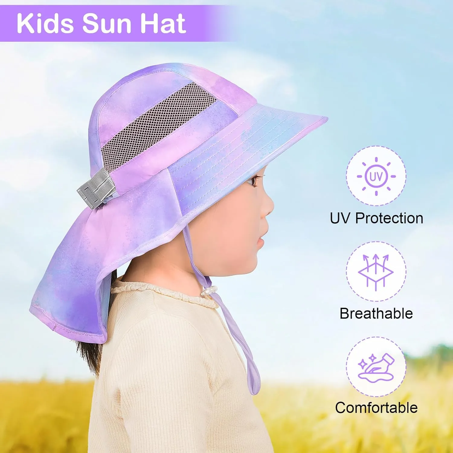 Kids Sun Hat UV Protection Unicorn Summer Beach Play Hats Wide Brim Neck Flap for Girls Boys
