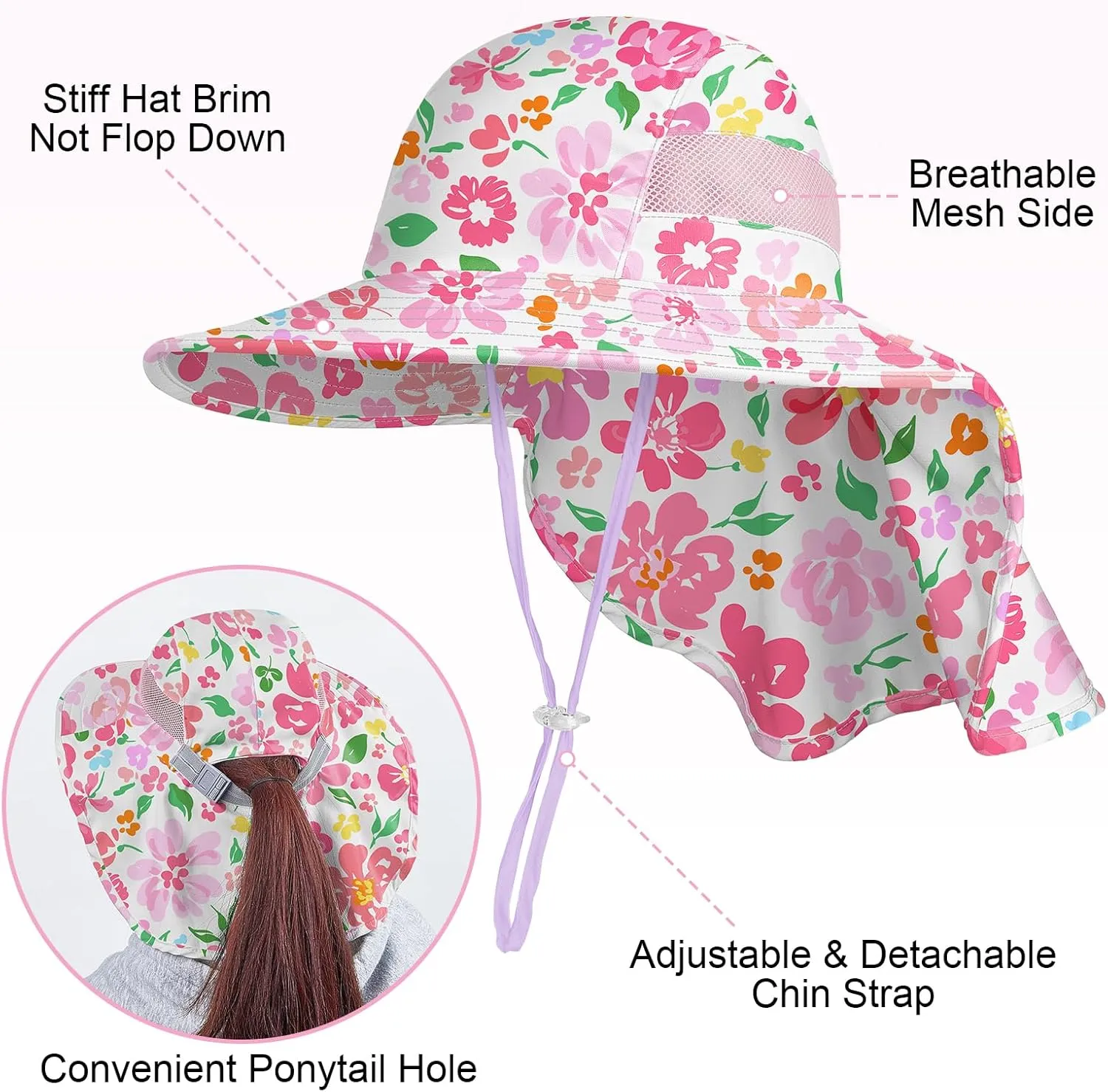 Kids Sun Hat UV Protection Unicorn Summer Beach Play Hats Wide Brim Neck Flap for Girls Boys