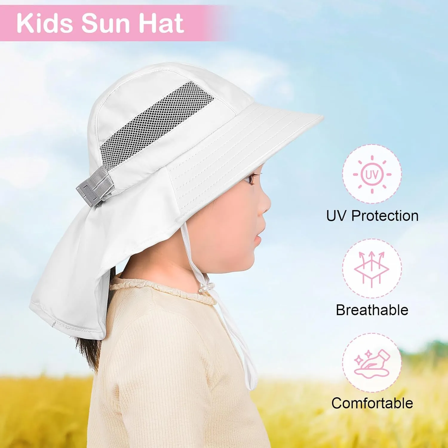 Kids Sun Hat UV Protection Unicorn Summer Beach Play Hats Wide Brim Neck Flap for Girls Boys